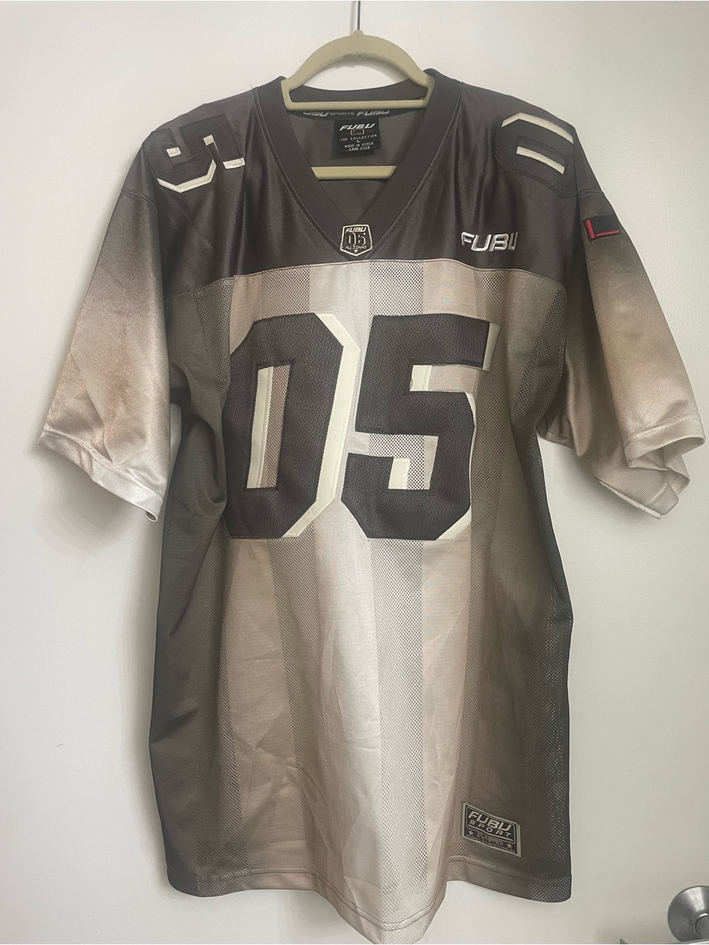 FUBU Men's Gradient Brown and Cream Football Jersey '05' Y2K hip-hop ombré mesh